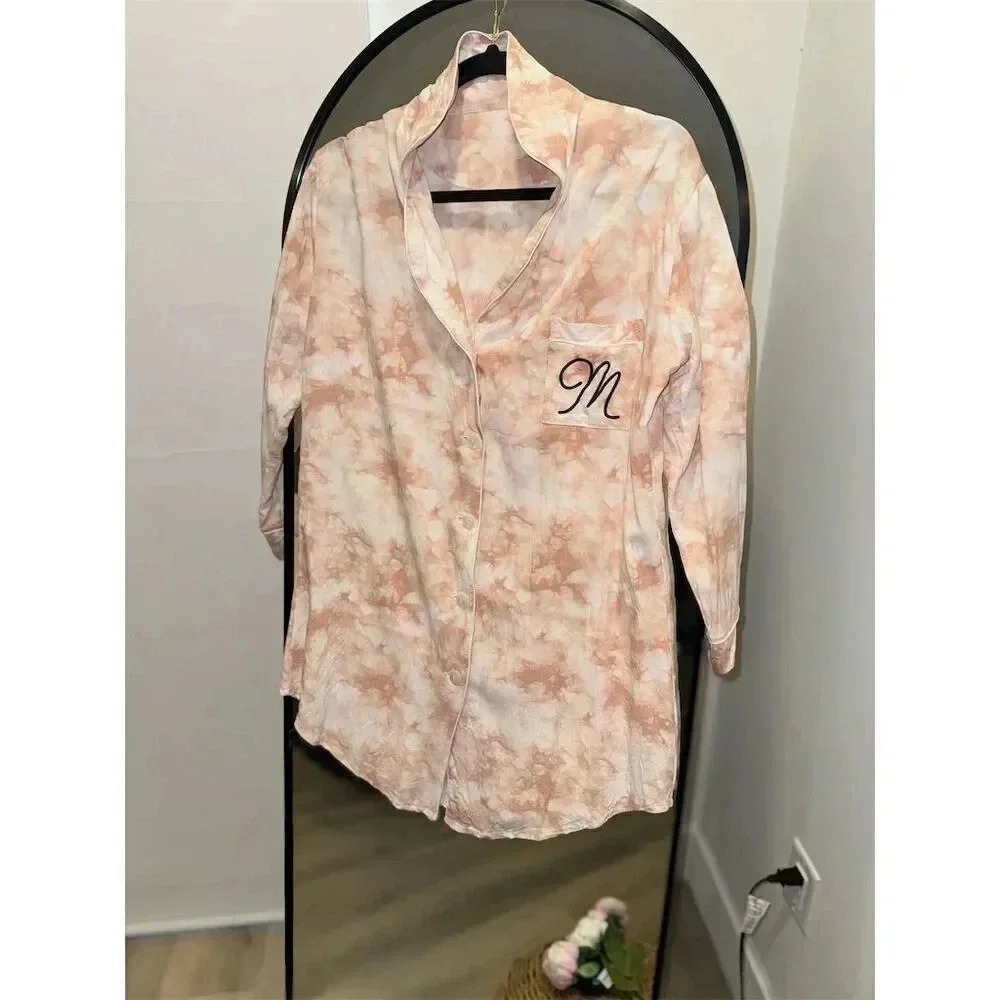 - Event Blossom Women's Tie Dye Bridesmaid Sleep Shirt Pink/White Monogram M